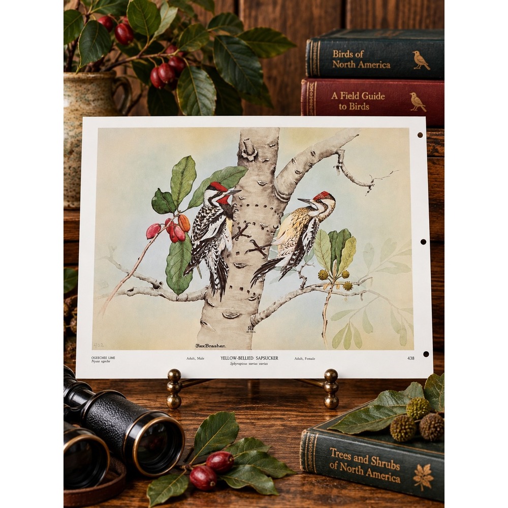 Rex Brasher Yellow Bellied Sapsucker Bird Vtg Original Book Plate Wall Art Decor